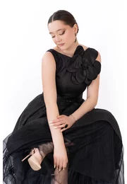 Rochie de gala black  din organza glittery decorata cu floare 3d si strasuri
