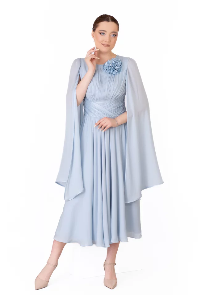 Rochie de gala blue hortensia midi drapata cu detalii glittery