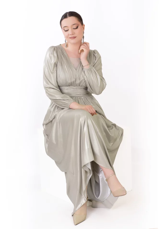 Rochie de gala classy sage green din voal peliculizat