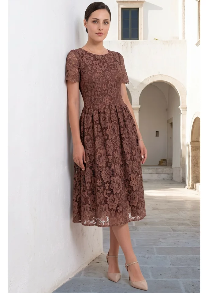 Rochie de gala copper brown cu cret din broderie de bumbac