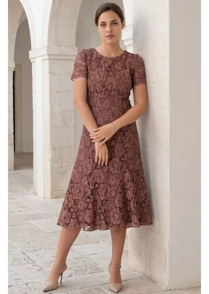 Rochie de gala copper brown din broderie de bumbac