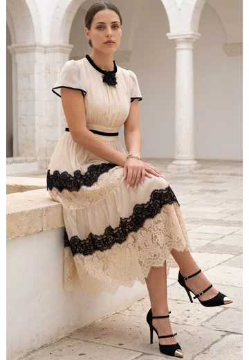 Rochie de gala cream seraphina cu insertii din broderii