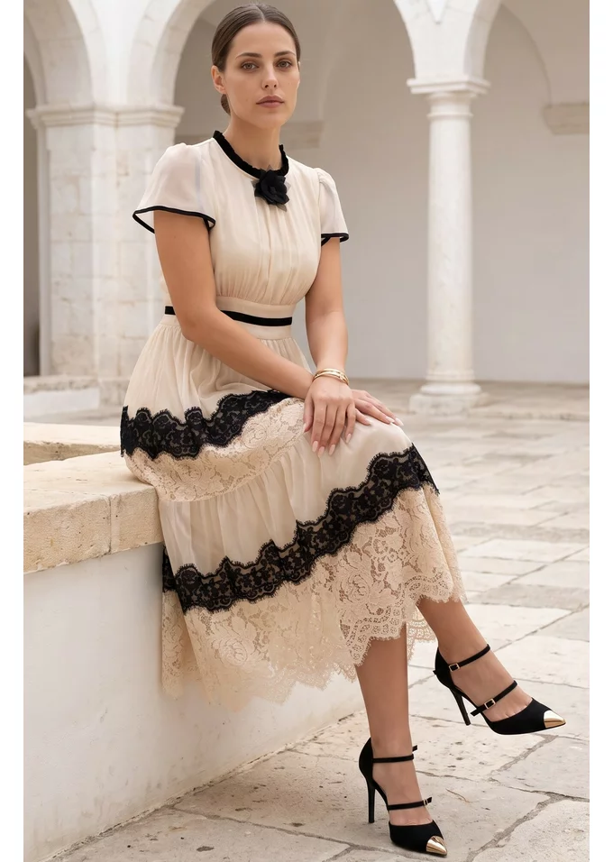 Rochie de gala cream seraphina cu insertii din broderii
