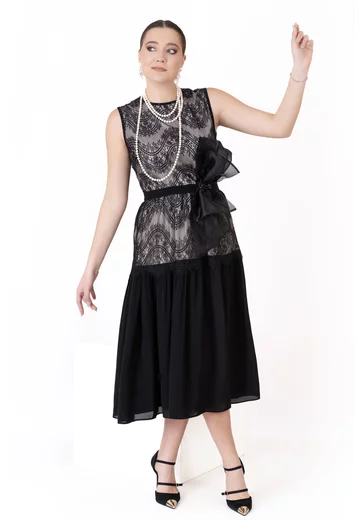 Rochie de gala dark bow din dantela tip chantilly si tafta fina