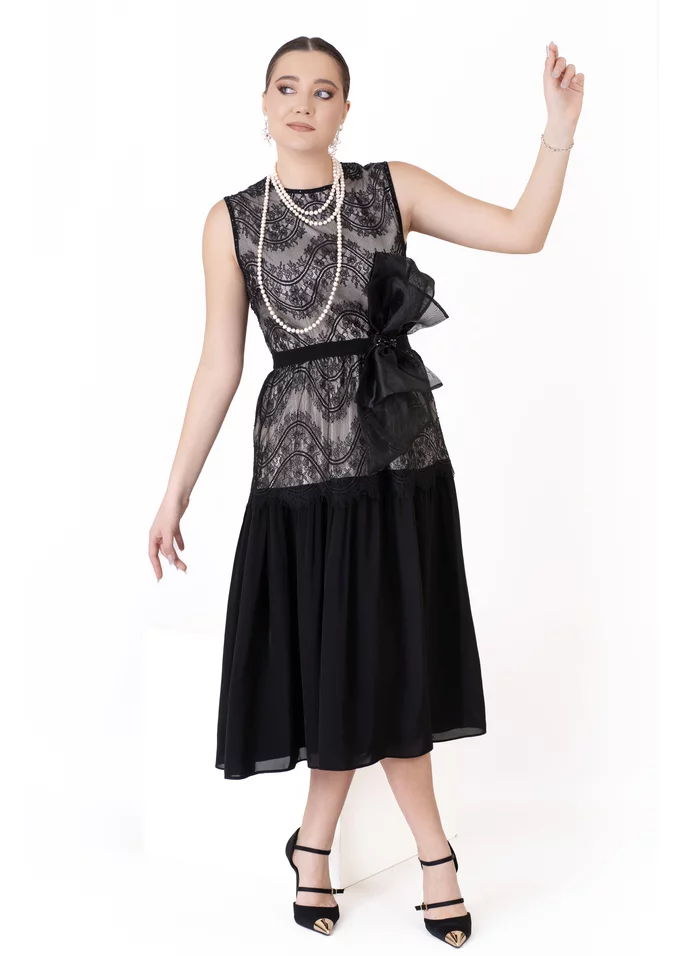 Rochie de gala dark bow din dantela tip chantilly si tafta fina