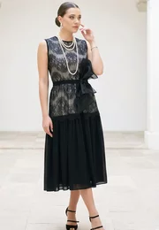 Rochie de gala dark bow din dantela tip chantilly si tafta fina