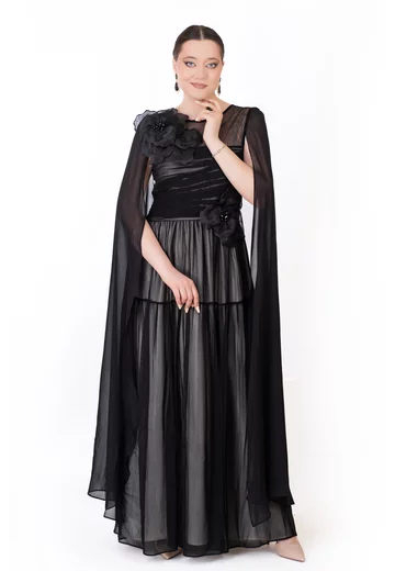 Rochie de gala din matase royal black cu aplicatii florale din organza