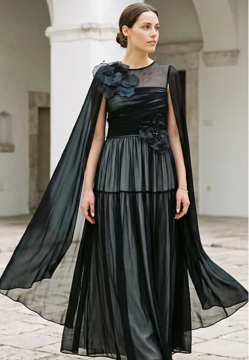 Rochie de gala din matase royal black cu aplicatii florale din organza