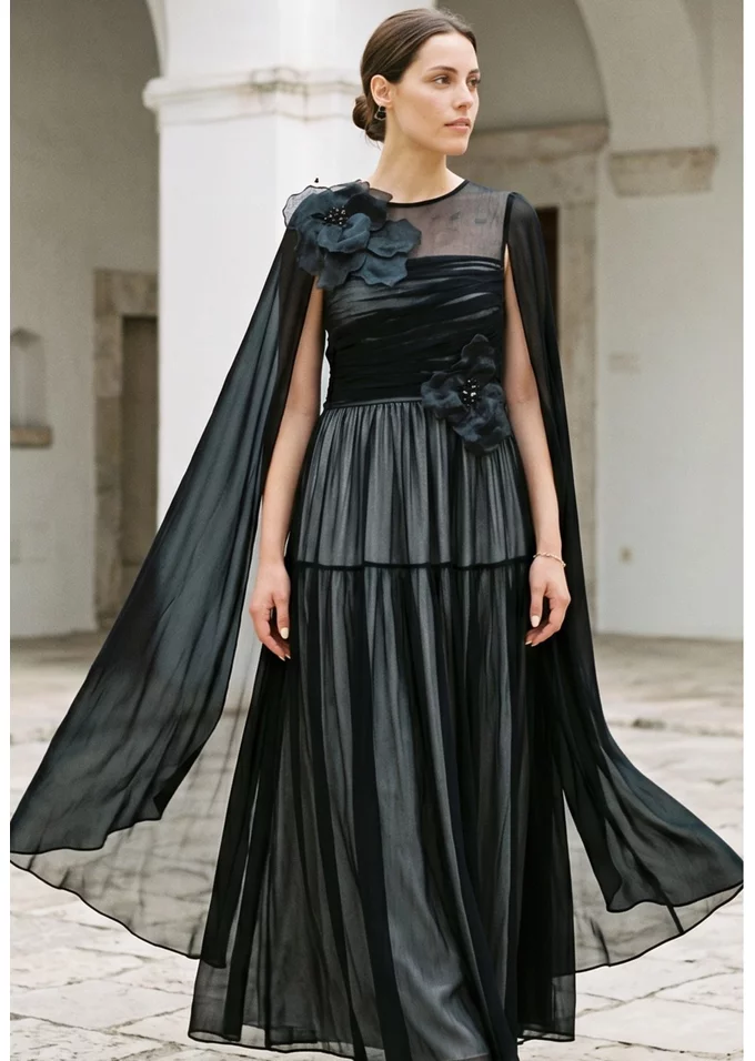 Rochie de gala din matase royal black cu aplicatii florale din organza