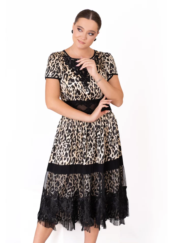 Rochie de gala ember wild din satin fin cu imprimeu animal