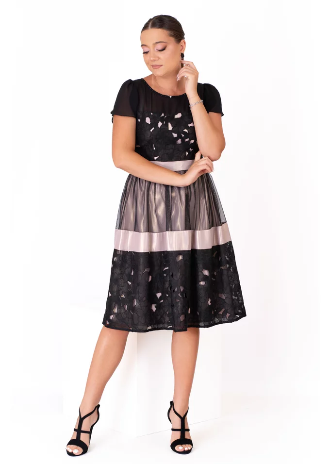Rochie de gala golden ember din broderie ghipur in nuante bej auriu