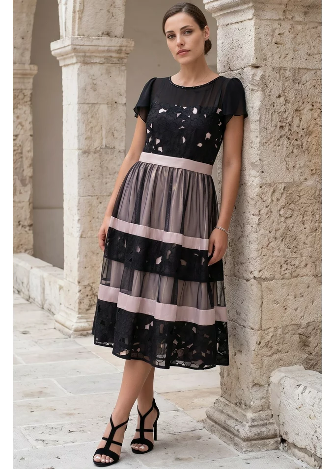 Rochie de gala golden ember din broderie ghipur in nuante bej auriu