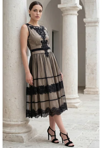 Rochie de gala imperial beige din organza glittery si tull