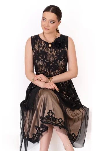 Rochie de gala lace ember din broderie ghipur neagra in nuante de nude bronze cu floare