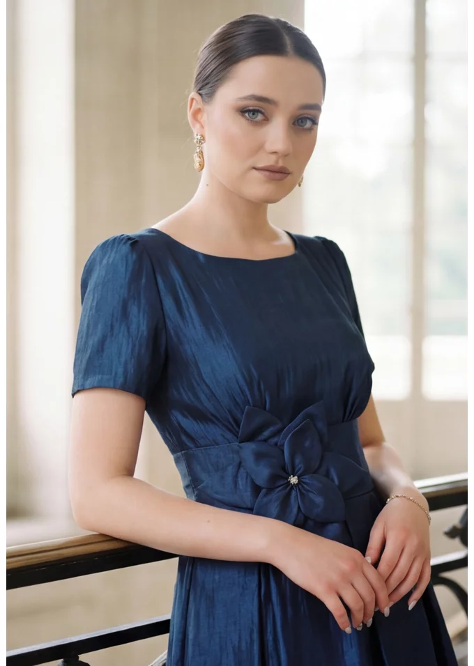 Rochie de gala navy din organza glittery decorata cu floare