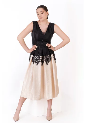 Rochie de gala noir champagne din organza glittery