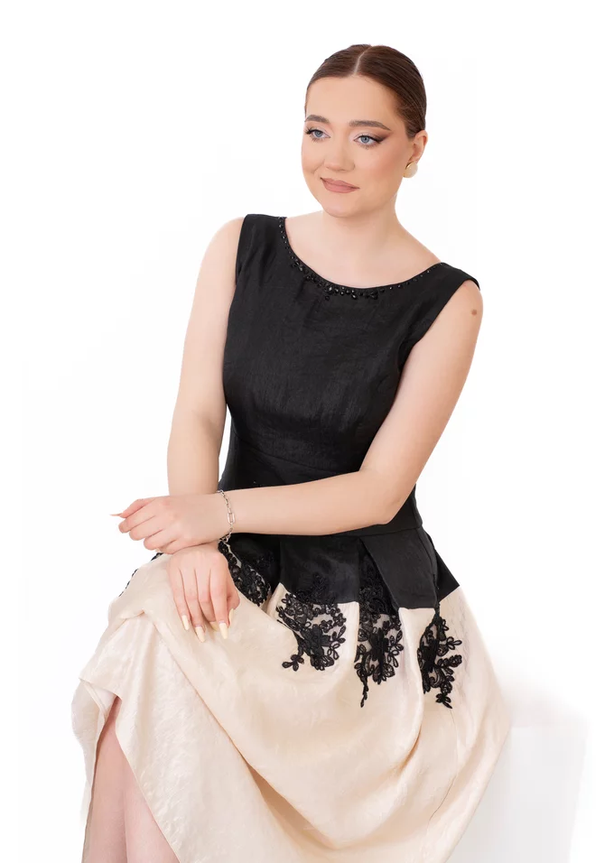 Rochie de gala noir champagne din organza glittery