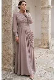 Rochie de gala Olympia Grace in stil grecesc si voal georgette beige sand