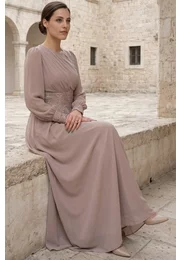Rochie de gala Olympia Grace in stil grecesc si voal georgette beige sand