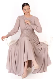 Rochie de gala Olympia Grace in stil grecesc si voal georgette beige sand
