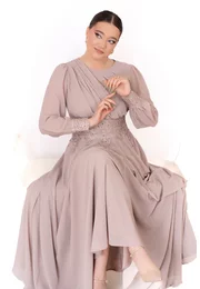 Rochie de gala Olympia Grace in stil grecesc si voal georgette beige sand