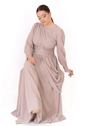 Rochie de gala Olympia Grace in stil grecesc si voal georgette beige sand
