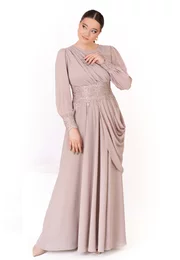 Rochie de gala Olympia Grace in stil grecesc si voal georgette beige sand
