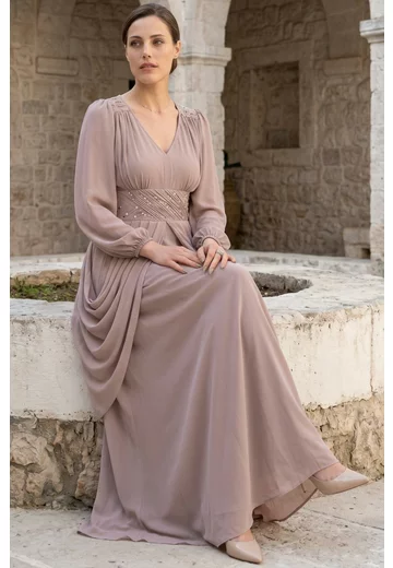 Rochie de gala Olympia Grace in stil grecesc si voaluri georgette beige sand