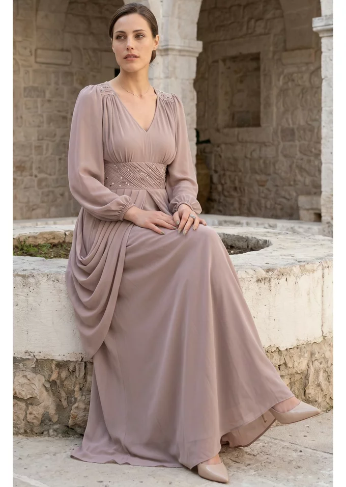 Rochie de gala Olympia Grace in stil grecesc si voaluri georgette beige sand