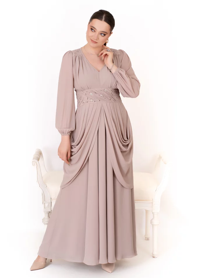 Rochie de gala Olympia Grace in stil grecesc si voaluri georgette beige sand