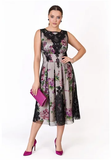 Rochie de gala passion glow din tafta imprimata si tull brodat