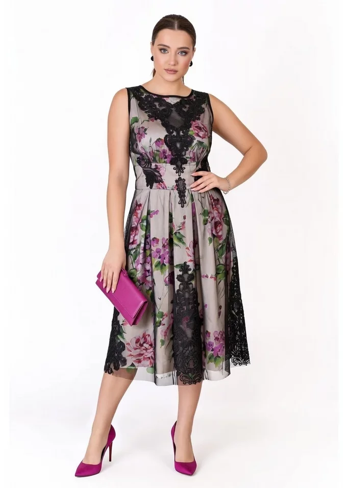 Rochie de gala passion glow din tafta imprimata si tull brodat