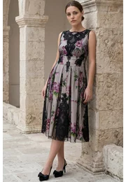 Rochie de gala passion glow din tafta imprimata si tull brodat
