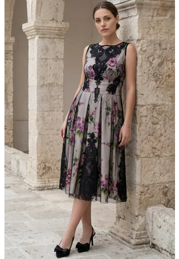 Rochie de gala passion glow din tafta imprimata si tull brodat