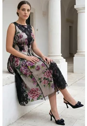 Rochie de gala passion glow din tafta imprimata si tull brodat
