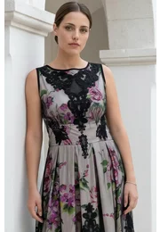 Rochie de gala passion glow din tafta imprimata si tull brodat