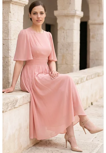 Rochie de gala peonies blush pink din voal dens cu pietre