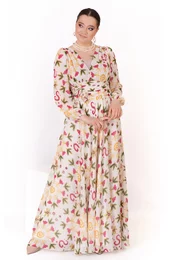 Rochie de gala  rapsody of color din chiffon policolor accesorizata cu flori