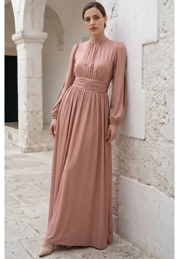 Rochie de gala rose ash din voal perlat