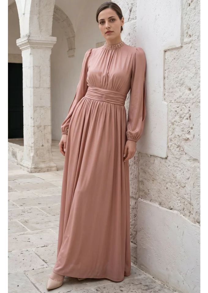 Rochie de gala rose ash din voal perlat