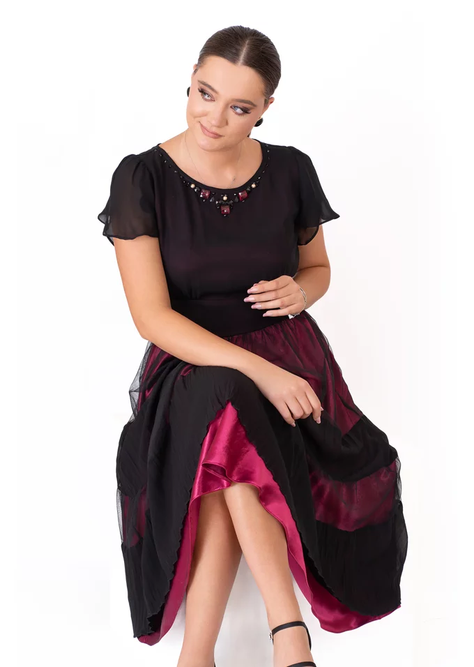 Rochie de gala ruby shade din voal fin cu dedesupt burghundy