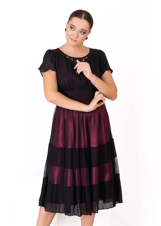 Rochie de gala ruby shade din voal fin cu dedesupt burgundy