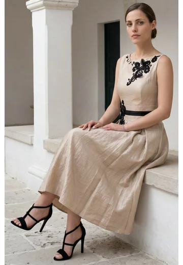 Rochie de gala sand beige din organza glittery si aplicatii din dantela