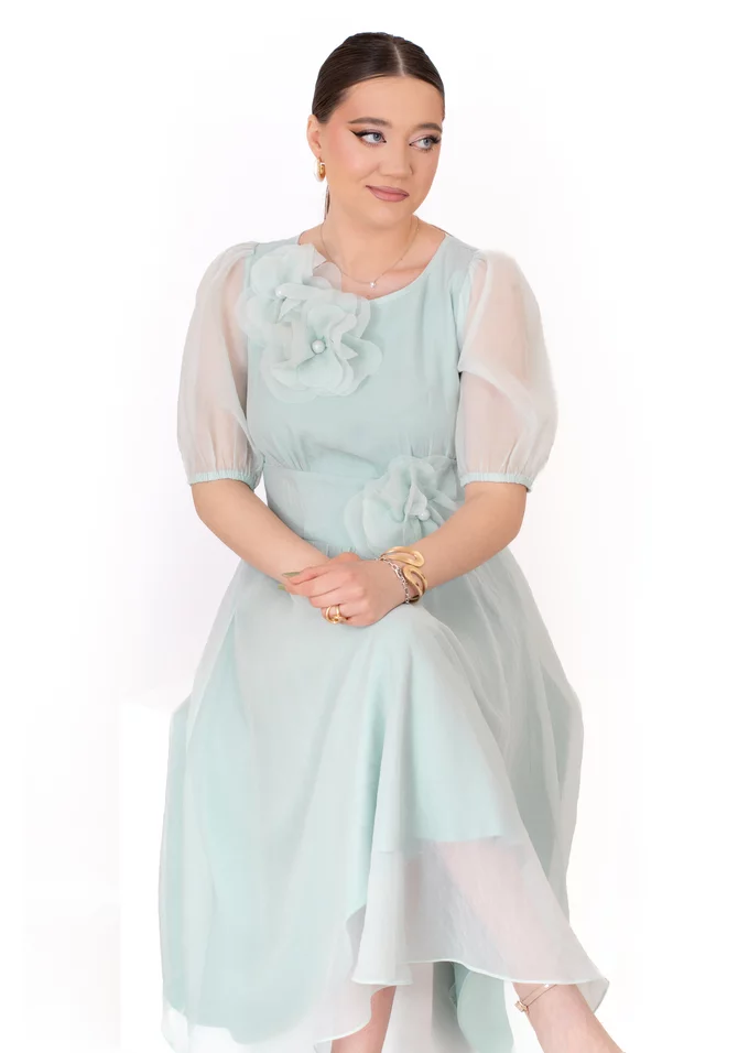 Rochie  de gala seafoam symphony din seta cu aspect gofrat