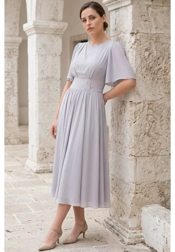 Rochie de gala silver gray din voal dens cu pietre fine