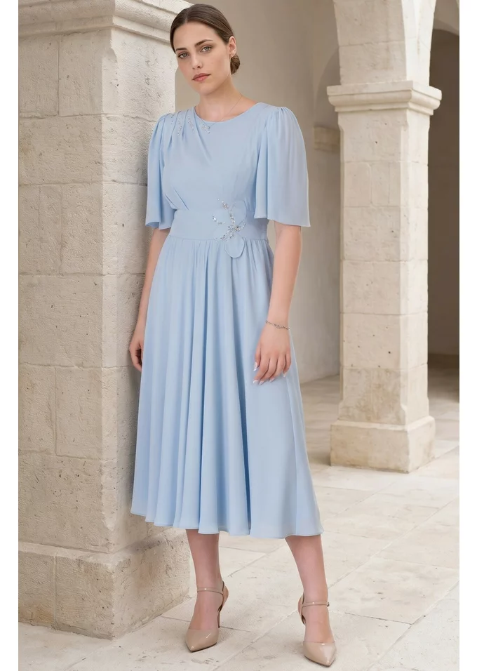 Rochie de gala topaz sparkle din voal dens cu pietre