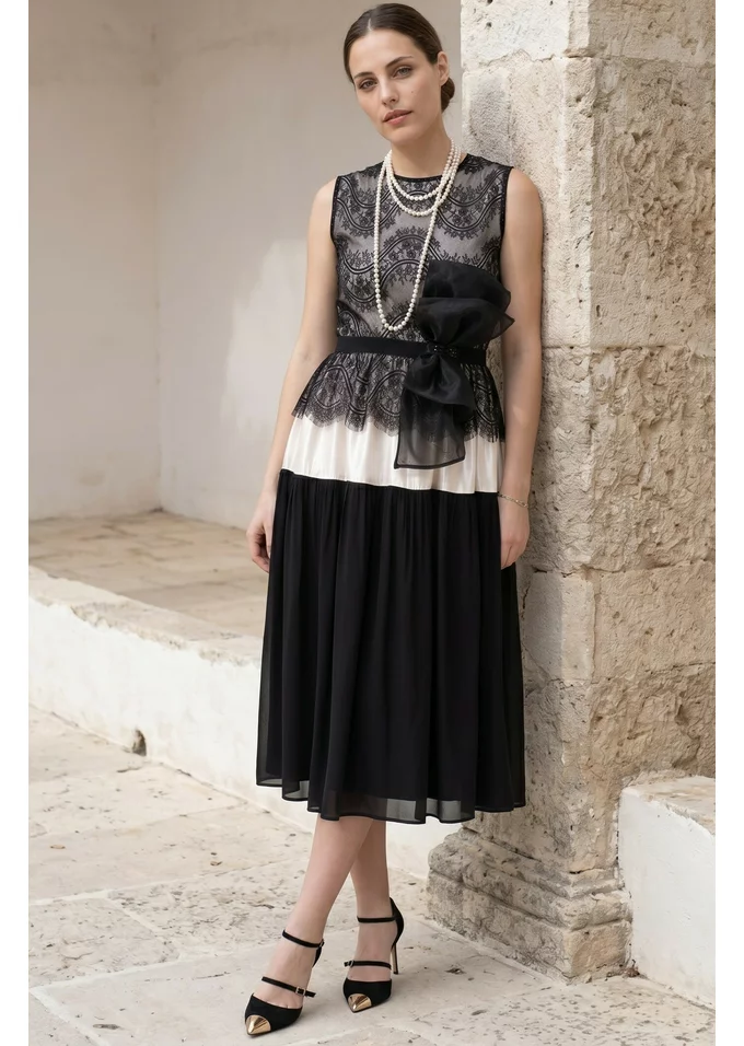 Rochie de galadark bow din dantela tip chantilly si tafta fina cream