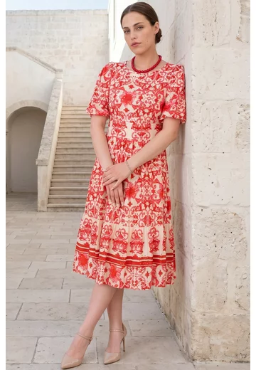 Rochie de vara dolce vita din broderie englezeasca imprimata cu maneci bufante