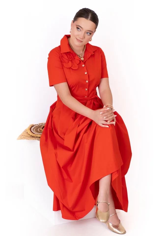 Rochie de vara lunga tip camasa din poplin coral