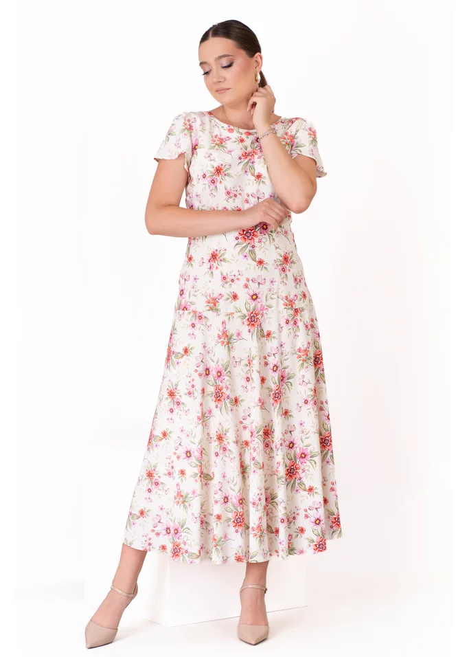 Rochie de vara pe linia corpului din vascoza cu print flori de camp